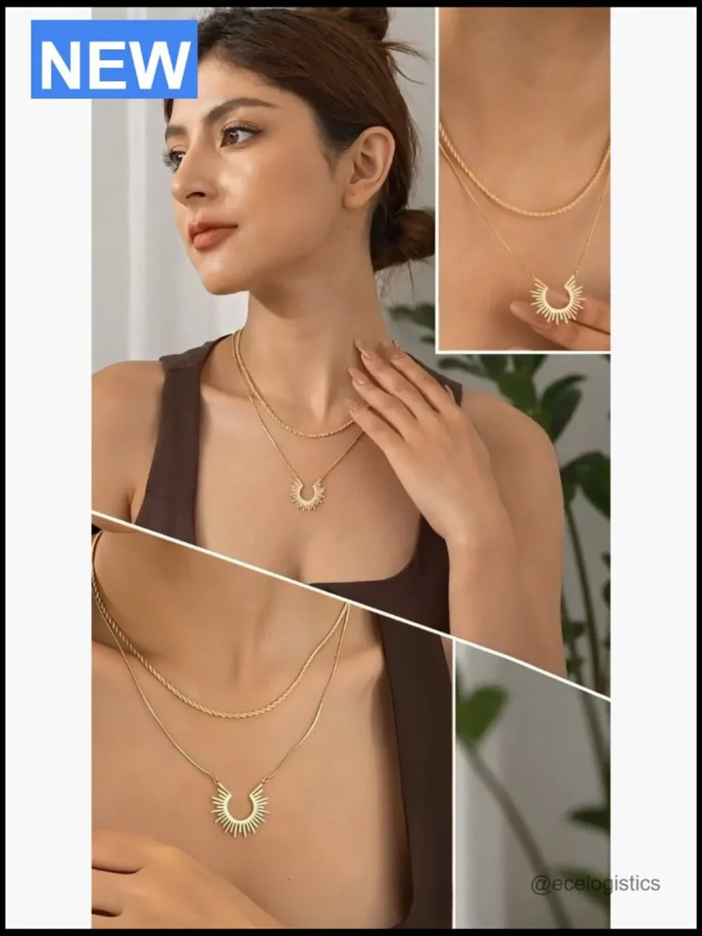 Layered Pendant Necklace Set 14k Gold Plated Dainty Cubic Zirconia Non Tarnish